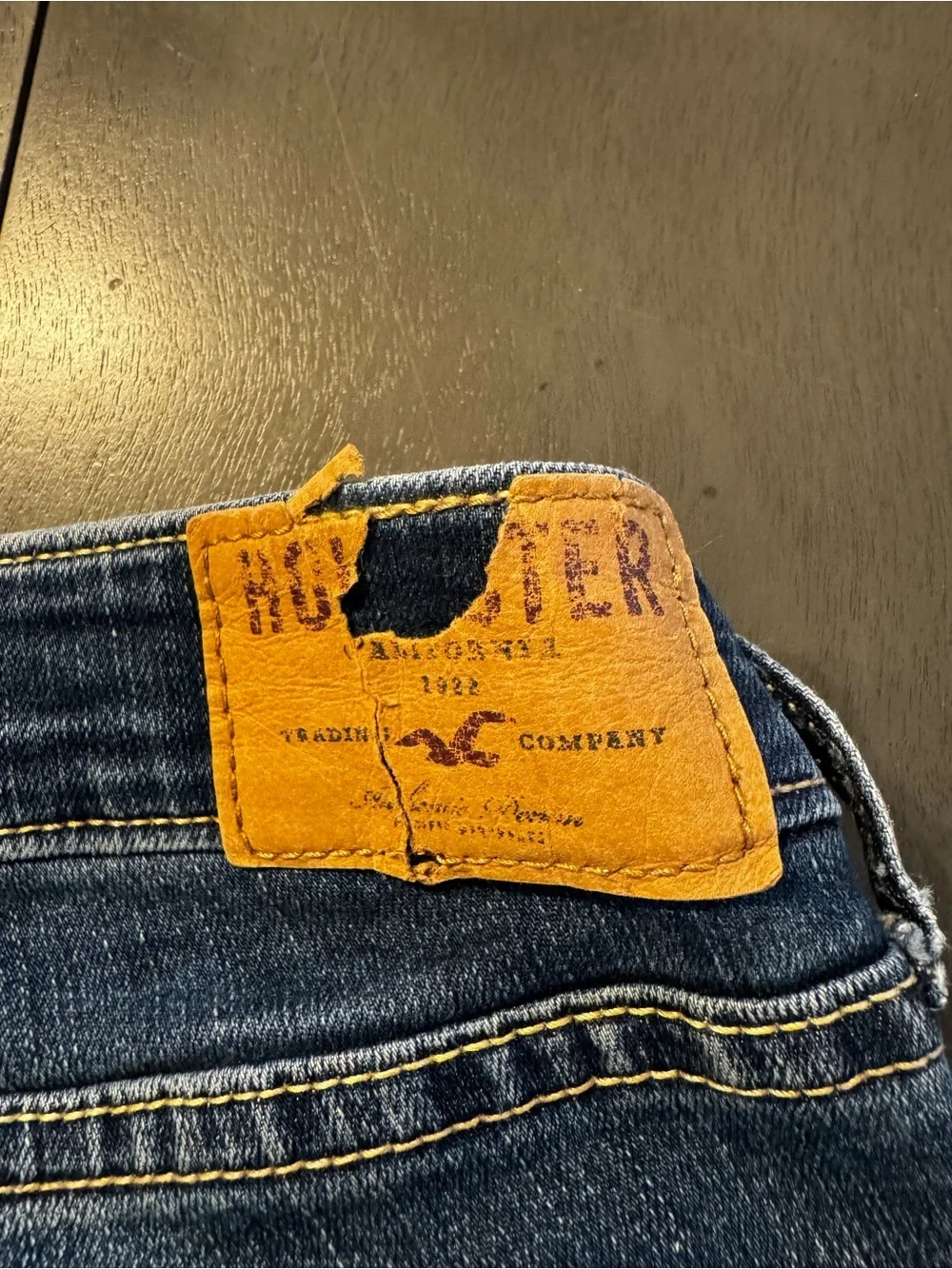 Hollister dark wash skinny stretch jeans, 5 pocket, low rise, some fading, 7R.